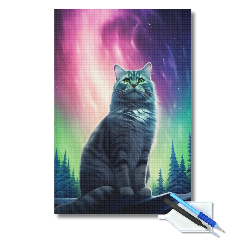 Aurora Borealis Cat Diamond Painting Kit