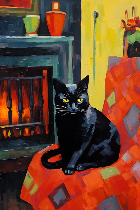 Black Cat by the Fireplace