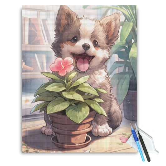 Blooming-Puppy-Delight-Diamond-Painting-Kit-1