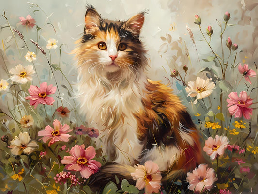 Calico Cat in Blooming Garden
