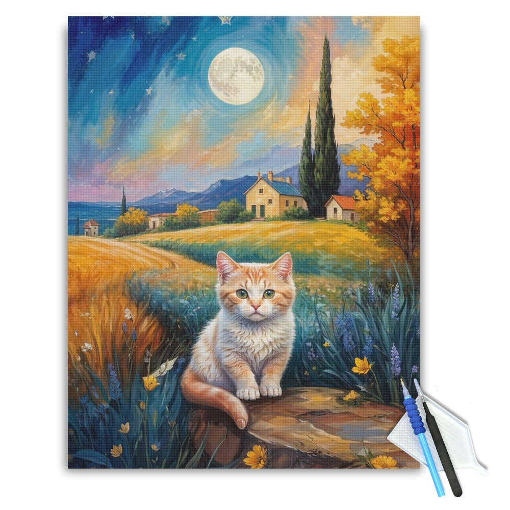Moonlit Countryside Kitten Diamond Painting Kit