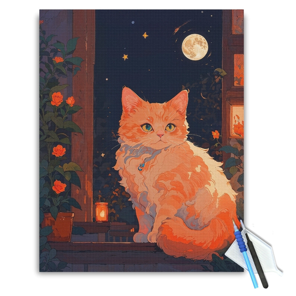 Moonlit Ginger Cat Diamond Painting Kit