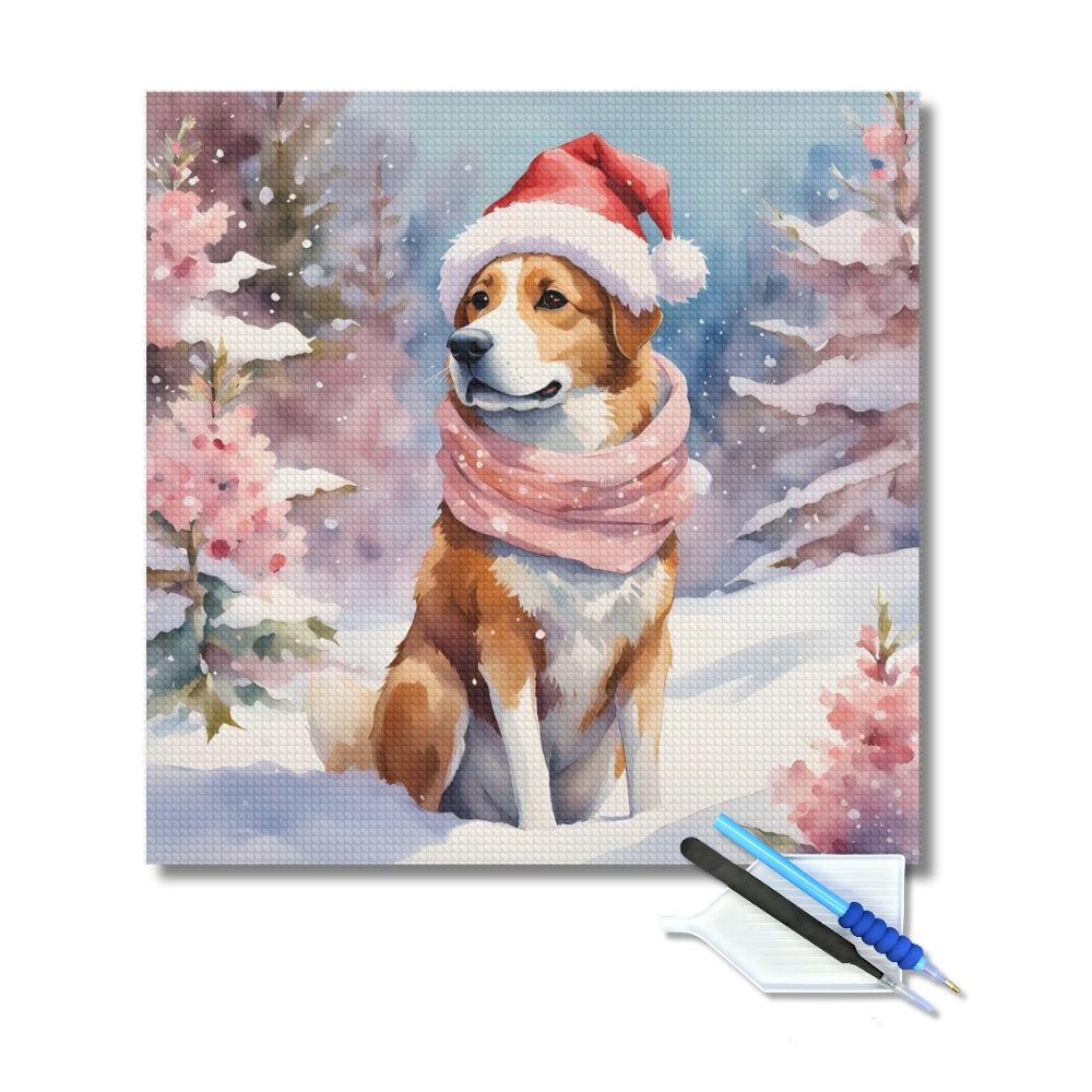 Pastel Christmas Santa Dog Diamond Painting Kit