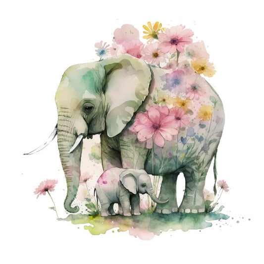 Watercolor Elephant Mom & Baby