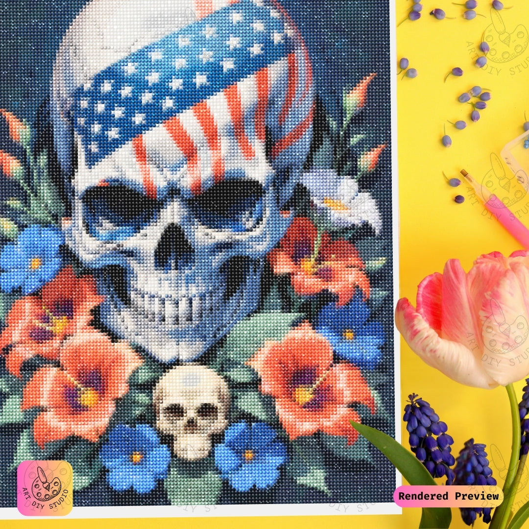 Artdiystudio Blooming Patriot Skull Diy Diamond Painting Kit A Vibrant Tribute To Freedom And Beauty 3