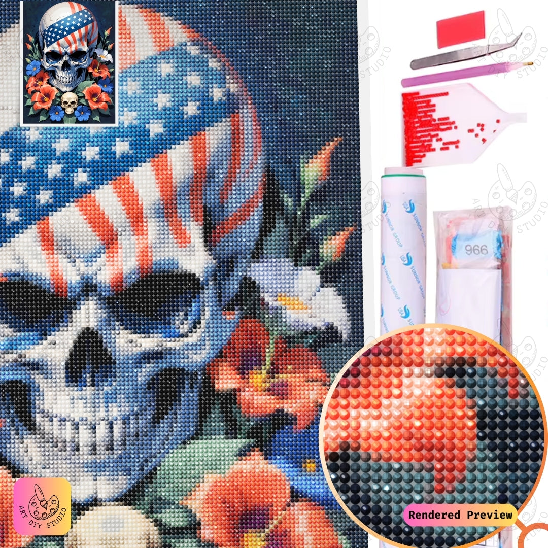 Artdiystudio Blooming Patriot Skull Diy Diamond Painting Kit A Vibrant Tribute To Freedom And Beauty 5