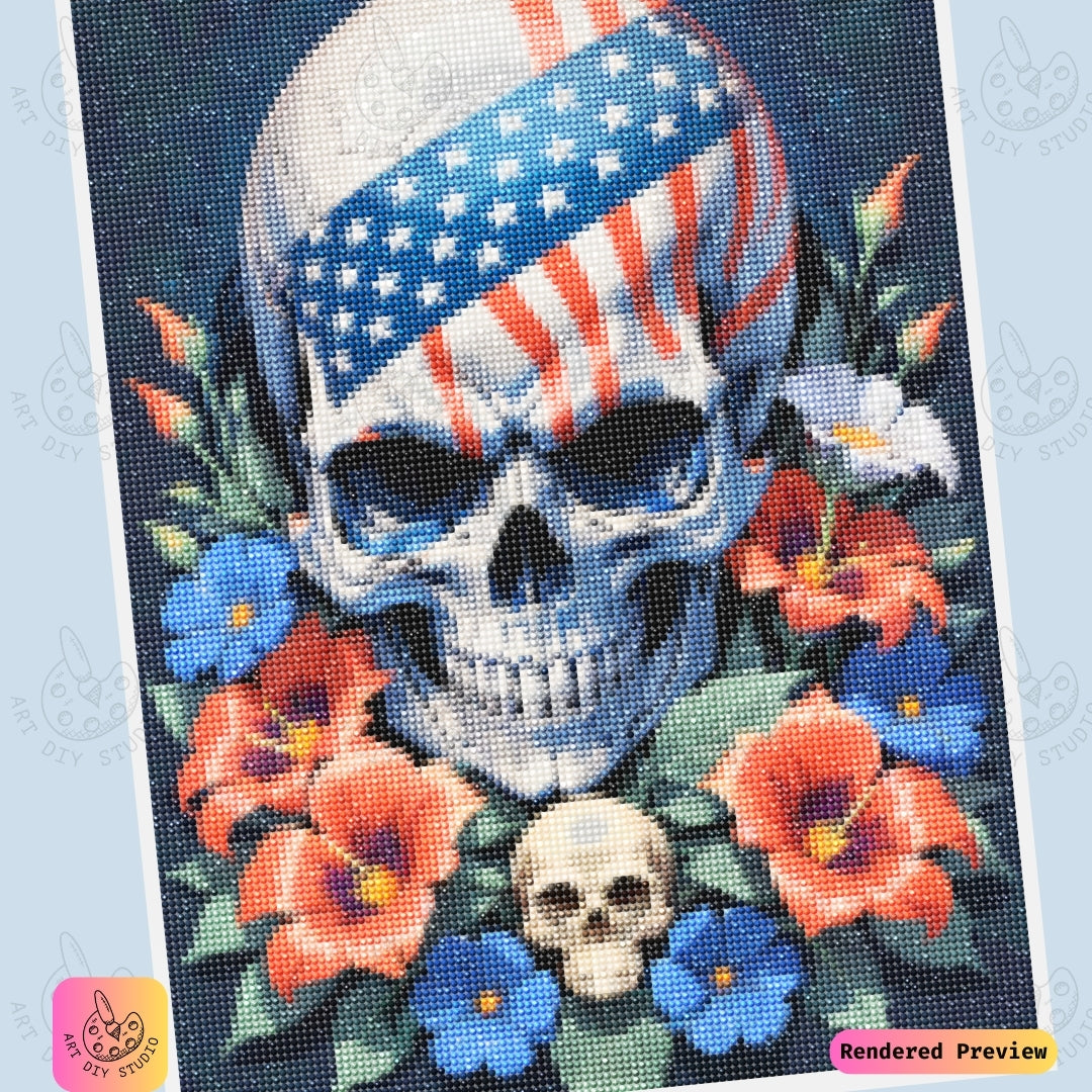 Artdiystudio Blooming Patriot Skull Diy Diamond Painting Kit A Vibrant Tribute To Freedom And Beauty 6