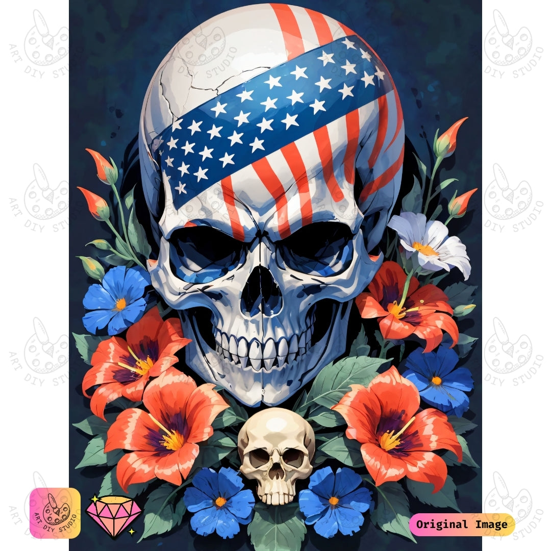Artdiystudio Blooming Patriot Skull Diy Diamond Painting Kit A Vibrant Tribute To Freedom And Beauty