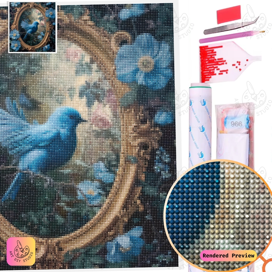 Artdiystudio Bluebird In Gilded Frame Diy Diamond Painting Kit A Masterpiece Of Vintage Elegance 2