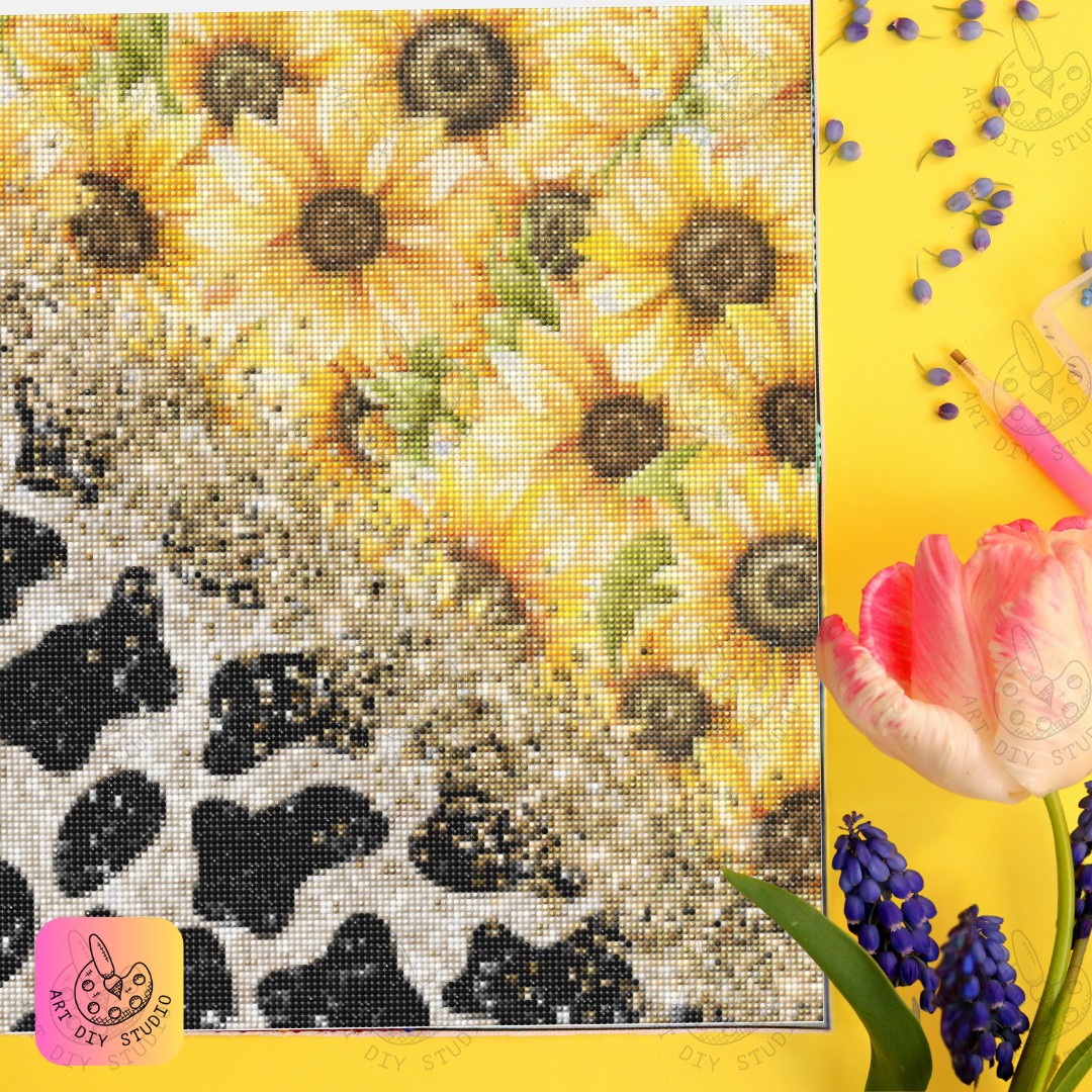 Artdiystudio Cow Print Sunflower Sparkle Diy Diamond Painting Kit Bold Fun And Glamorous 6