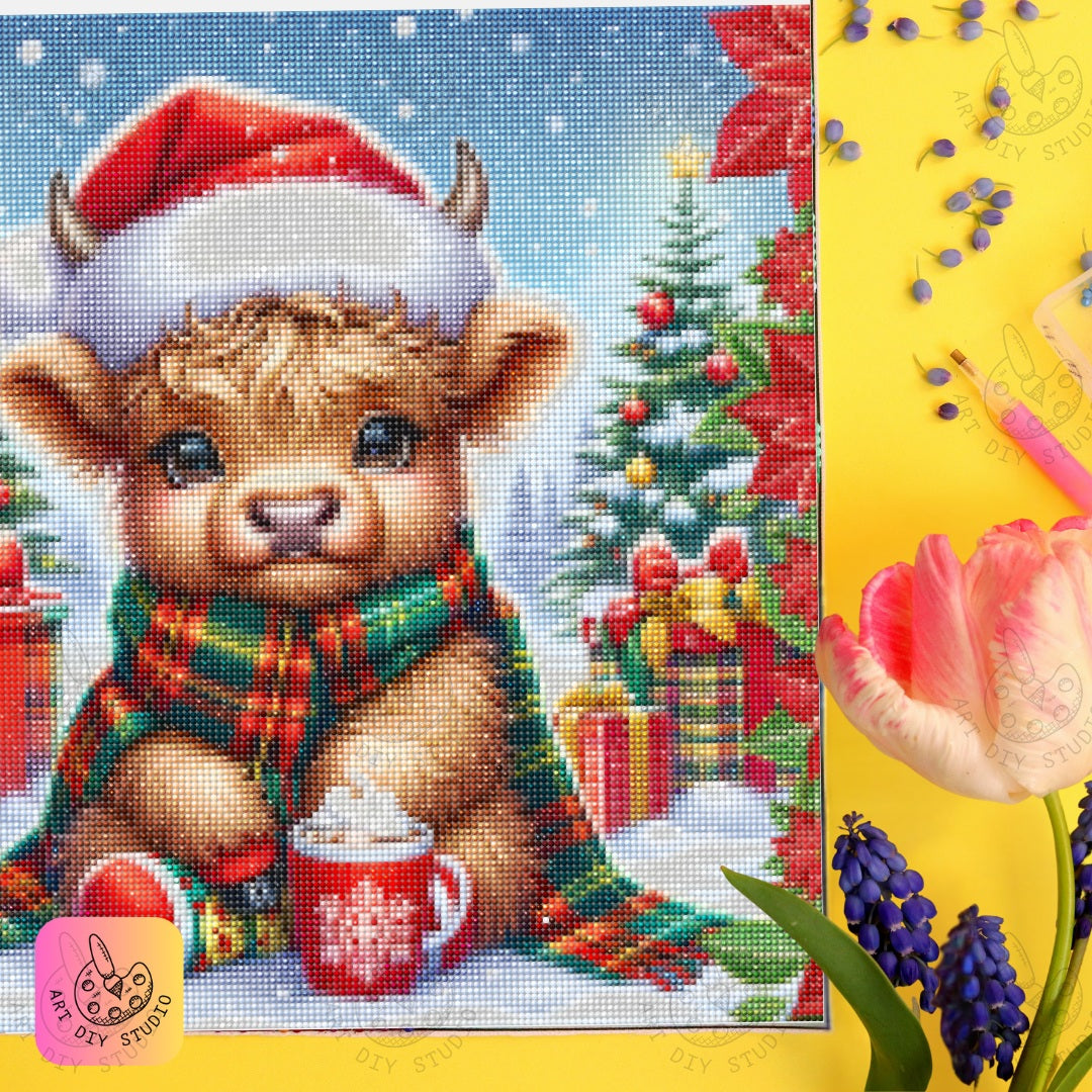 DIY Highland Cow Christmas Diamond Painting Kit Product Image Artdiystudio.com