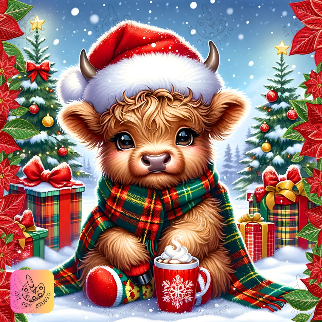 DIY Highland Cow Christmas Diamond Painting Kit Product Image Artdiystudio.com