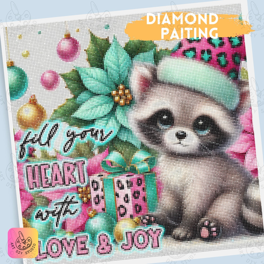 DIY Raccoon Christmas Diamond Painting Kit Product Image Artdiystudio.com