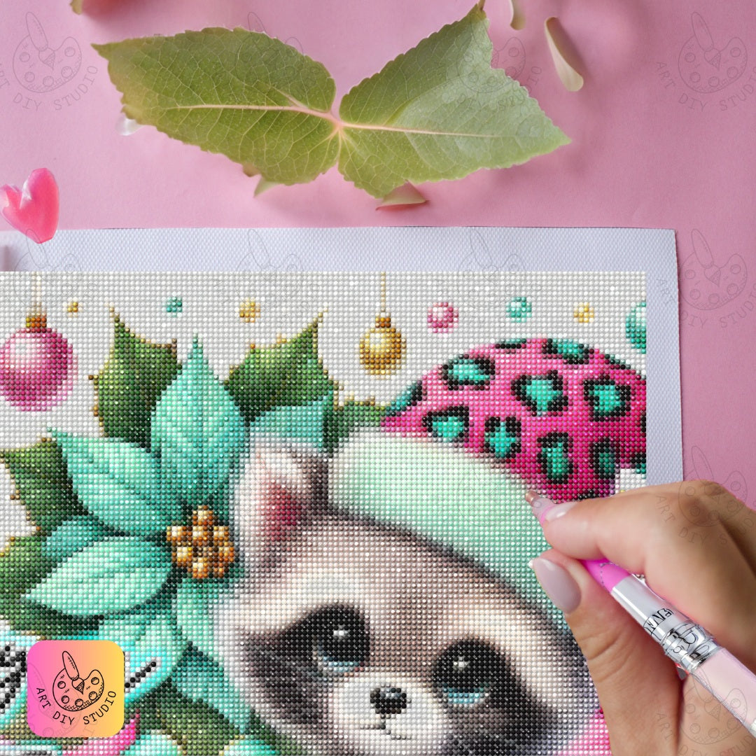 DIY Raccoon Christmas Diamond Painting Kit Product Image Artdiystudio.com