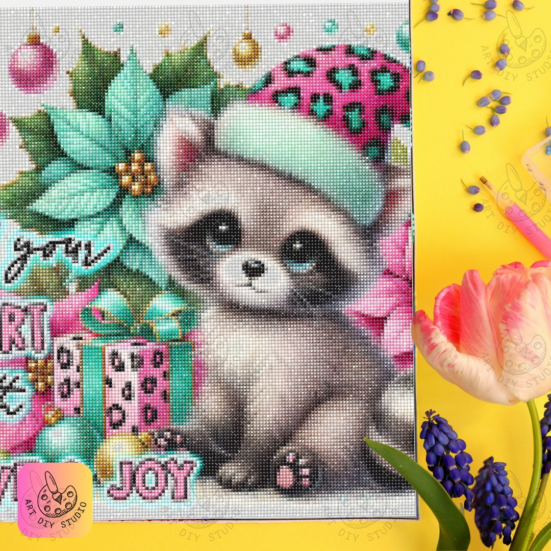DIY Raccoon Christmas Diamond Painting Kit Product Image Artdiystudio.com