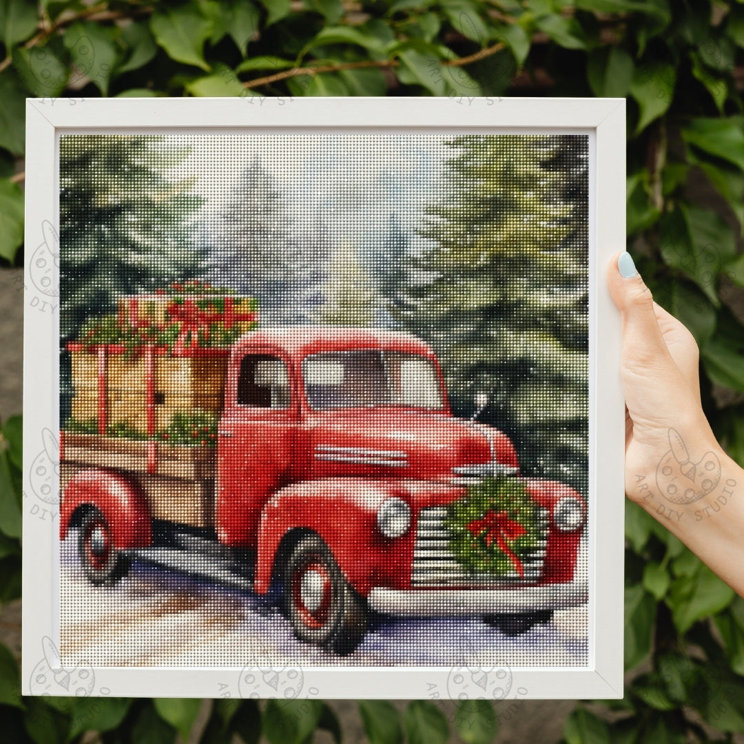DIY Vintage Red Truck Christmas Diamond Painting Kit Product Image Artdiystudio.com