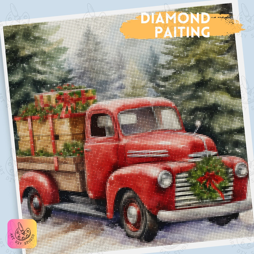 DIY Vintage Red Truck Christmas Diamond Painting Kit Product Image Artdiystudio.com