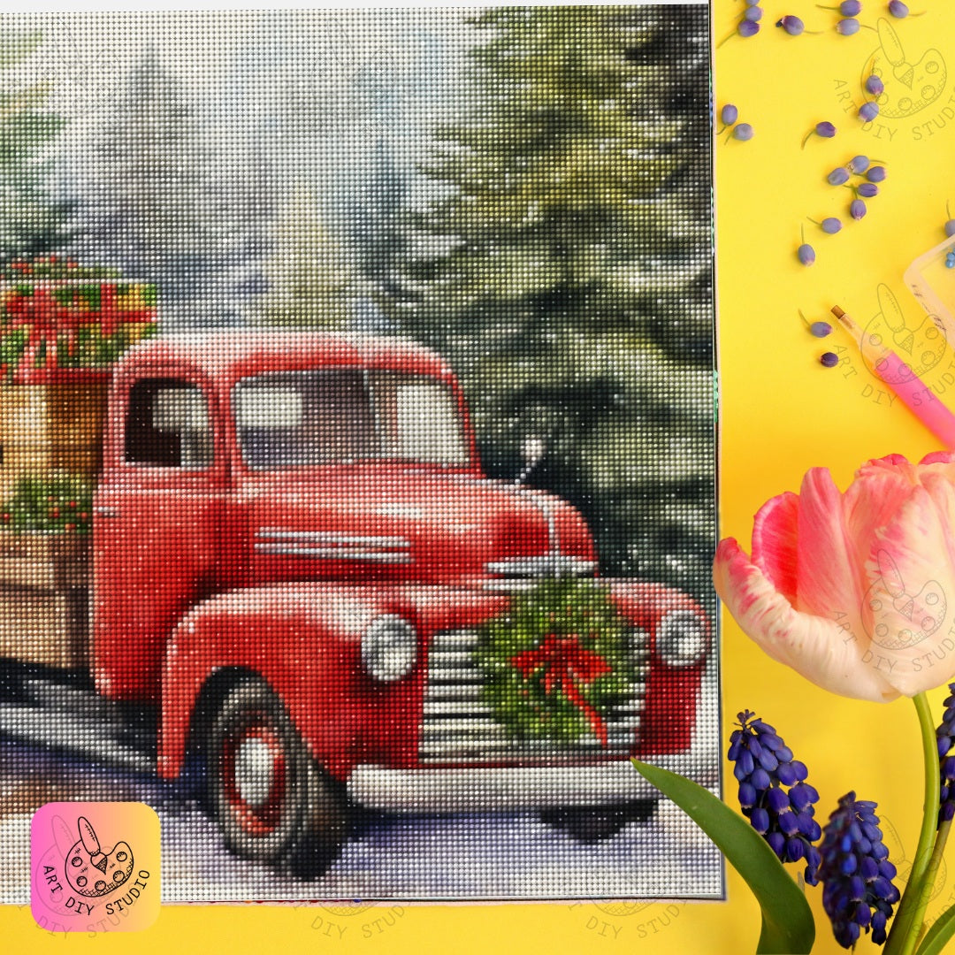 DIY Vintage Red Truck Christmas Diamond Painting Kit Product Image Artdiystudio.com