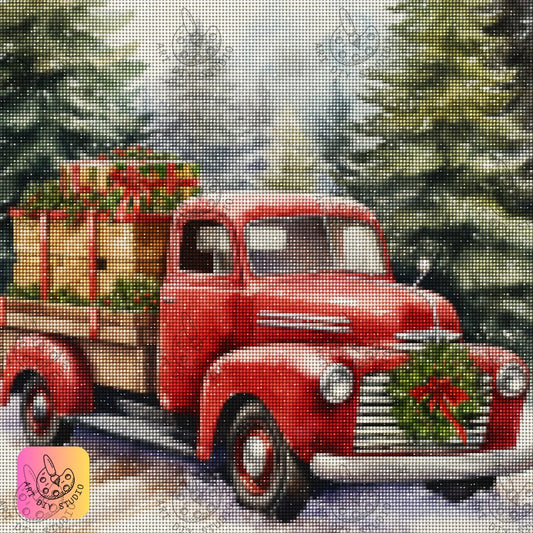 DIY Vintage Red Truck Christmas Diamond Painting Kit Product Image Artdiystudio.com