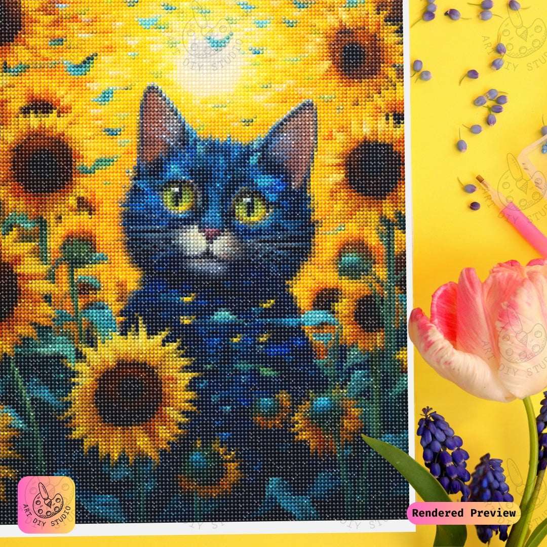 Artdiystudio Electric Paws In Sunflowers Diy Diamond Painting Kit A Cosmic Cat In Bloom 3