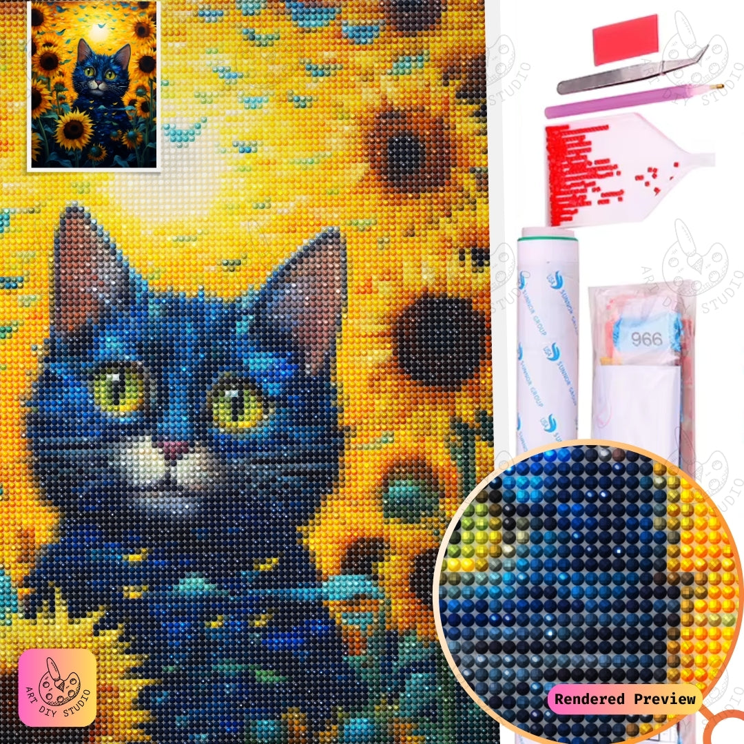 Artdiystudio Electric Paws In Sunflowers Diy Diamond Painting Kit A Cosmic Cat In Bloom 5