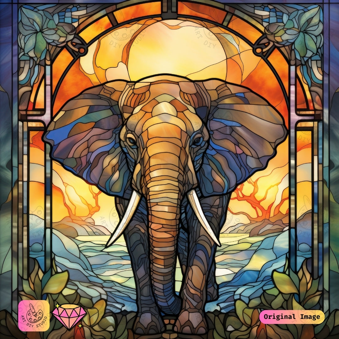 Artdiystudio Golden Glow Stained Glass Elephant Diy Diamond Painting Kit A Majestic Harmony In Art