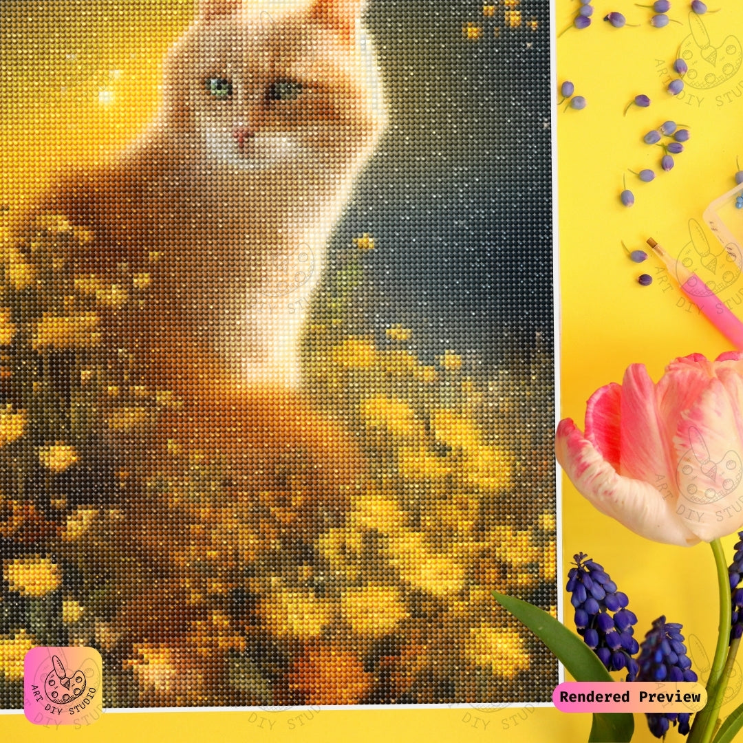 Artdiystudio Golden Paws In Bloom Diy Diamond Painting Kit A Feline Dream Amidst Blossoms 3