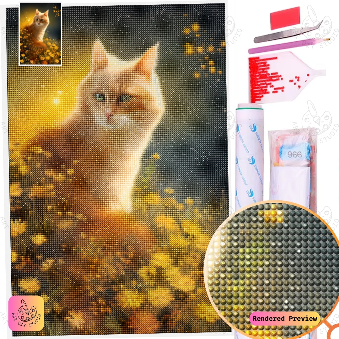 Artdiystudio Golden Paws In Bloom Diy Diamond Painting Kit A Feline Dream Amidst Blossoms 5