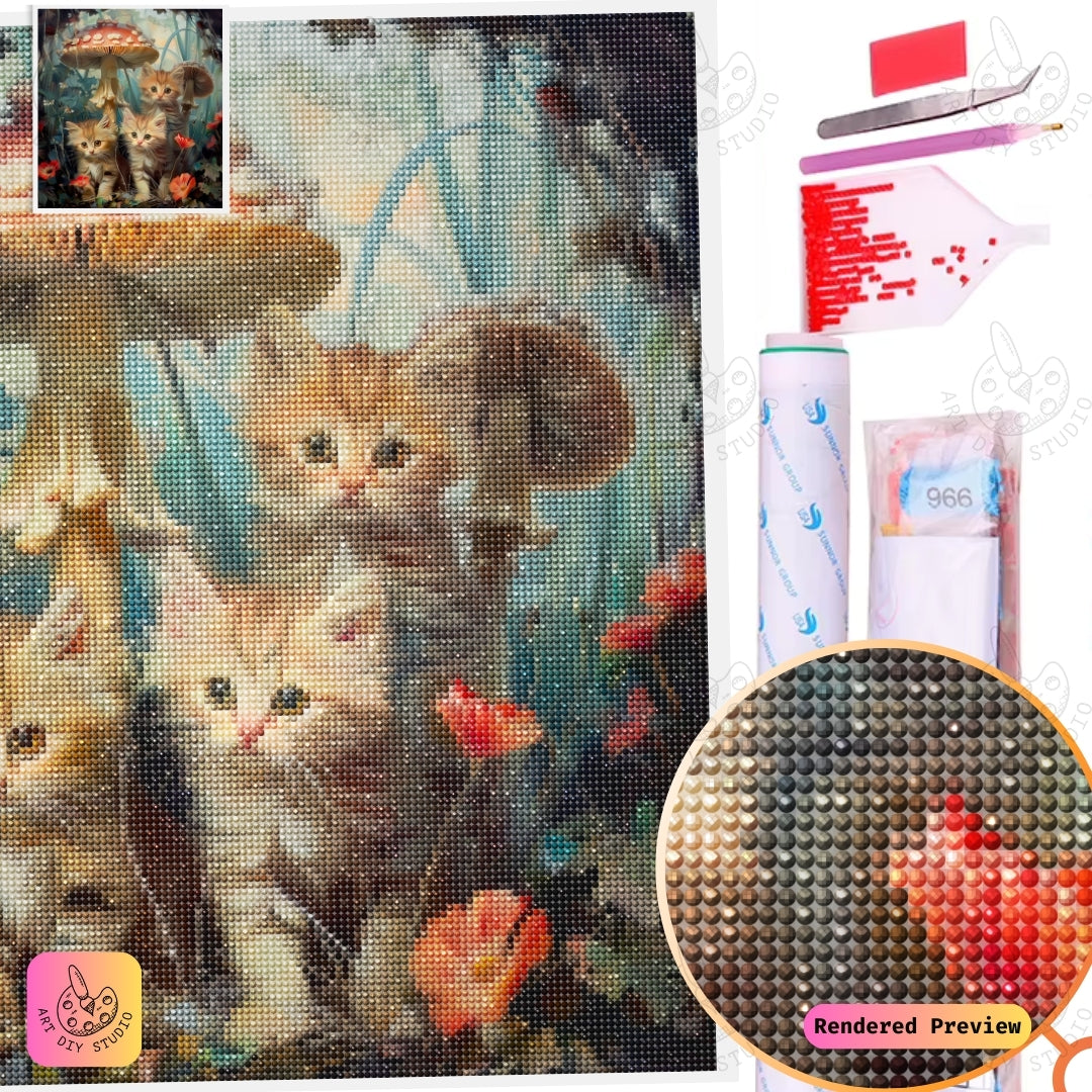 Artdiystudio Kittens In Mushroom Hollow Diy Diamond Painting Kit A Playful Woodland Adventure 5