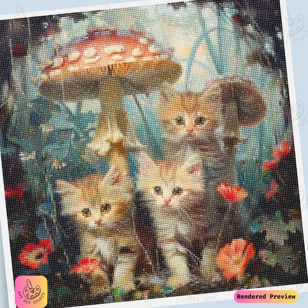 Artdiystudio Kittens In Mushroom Hollow Diy Diamond Painting Kit A Playful Woodland Adventure 6