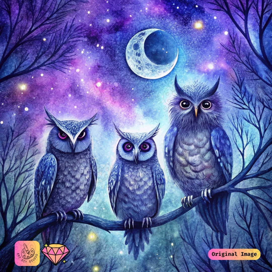 Artdiystudio Lunar Owl Trio Diy Diamond Painting Kit A Celestial Night Craft