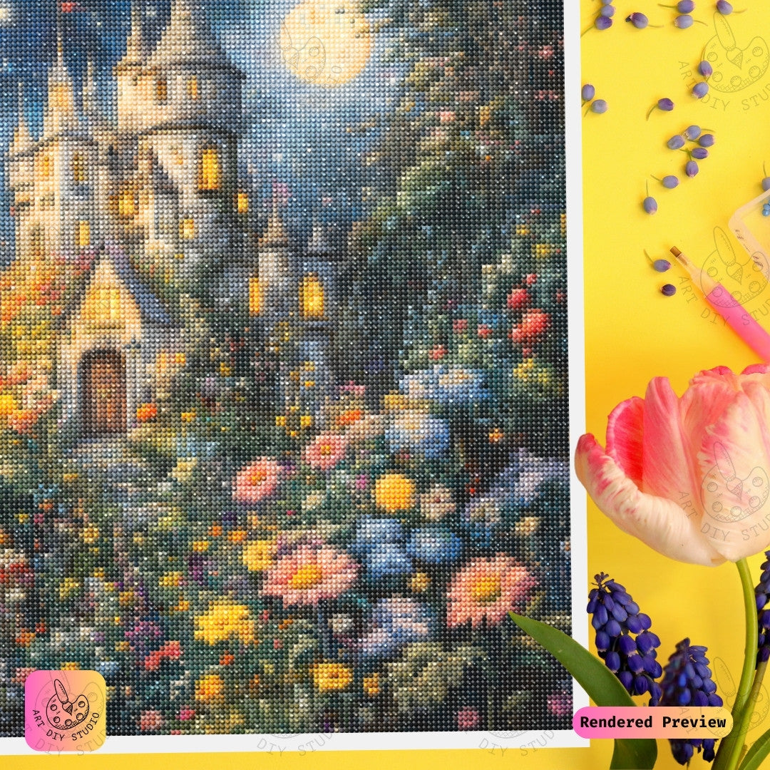 Artdiystudio Moonlit Castle Garden Path Diy Diamond Painting Kit Step Into A Dreamy Enchanted World 3