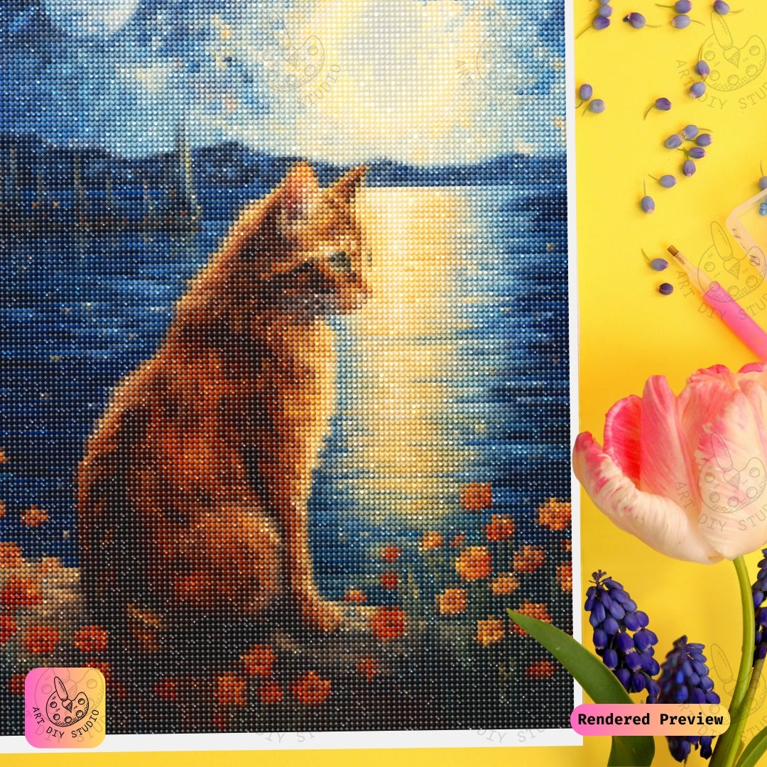 Artdiystudio Moonlit Whiskers Diy Diamond Painting Kit A Feline Night By The Sea 3