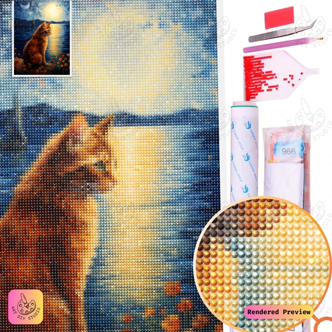 Artdiystudio Moonlit Whiskers Diy Diamond Painting Kit A Feline Night By The Sea 5