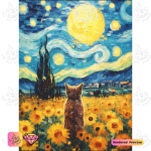 Artdiystudio Starry Paws In Bloom Diy Diamond Painting Kit A Feline Dream Amidst Sunflowers 2