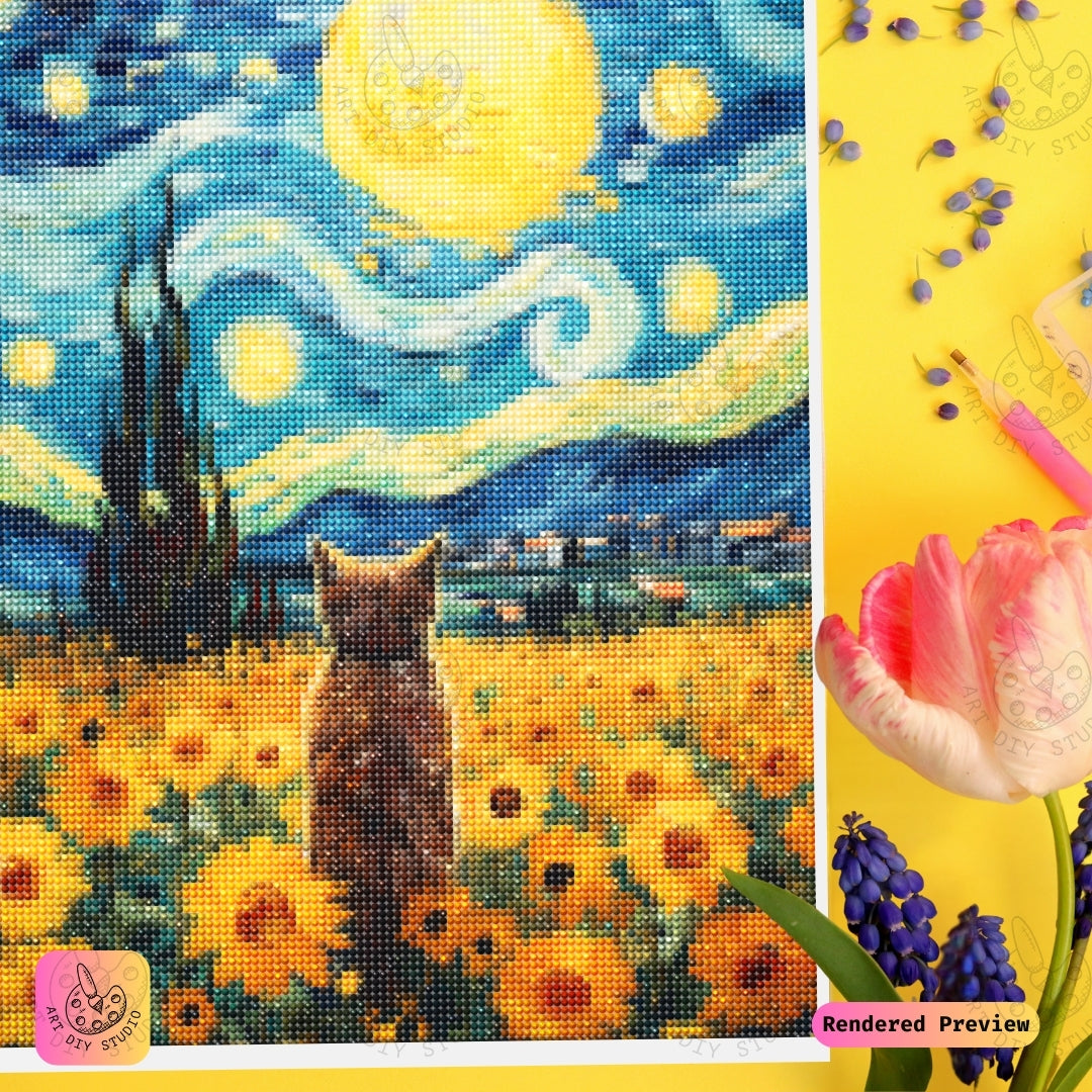 Artdiystudio Starry Paws In Bloom Diy Diamond Painting Kit A Feline Dream Amidst Sunflowers 3