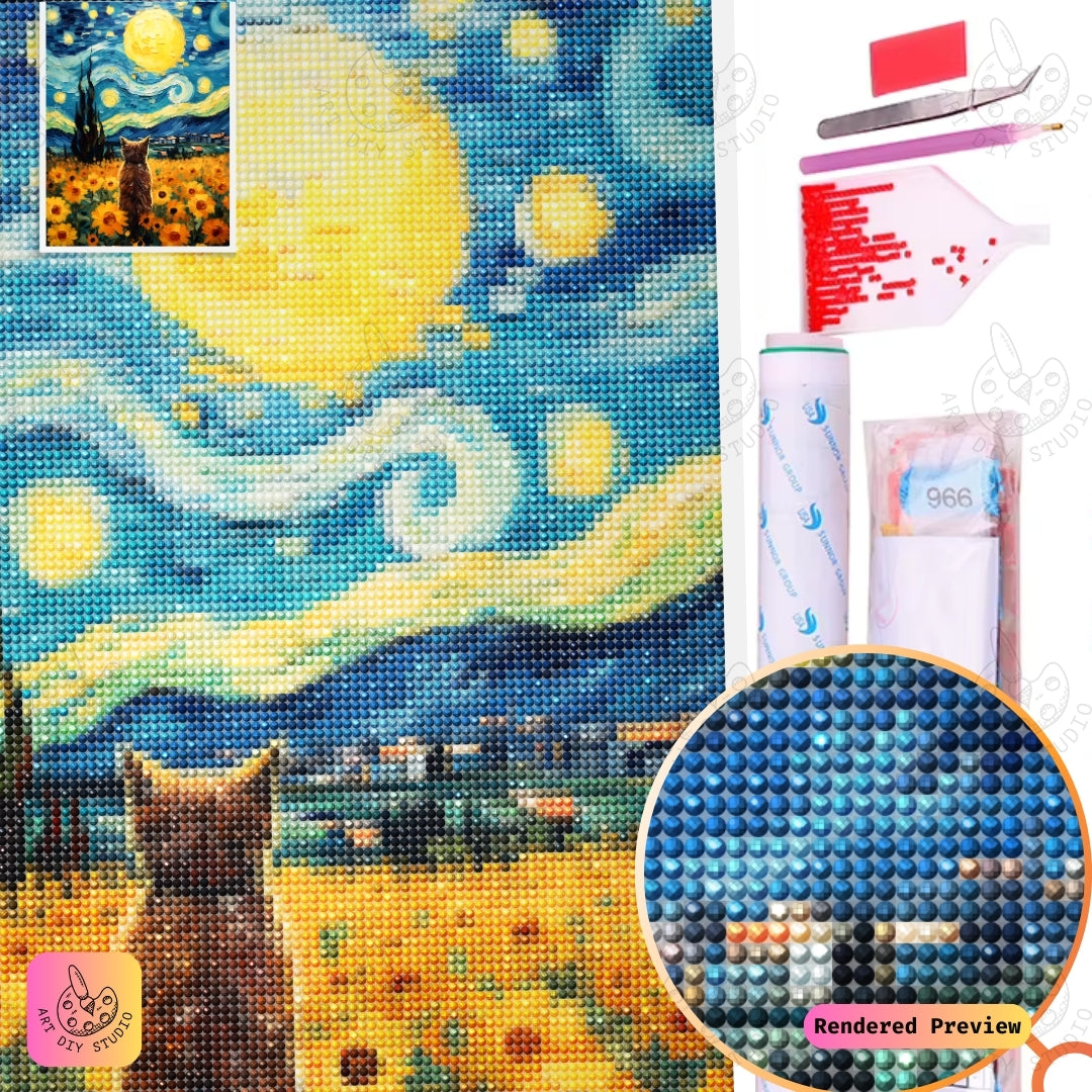 Artdiystudio Starry Paws In Bloom Diy Diamond Painting Kit A Feline Dream Amidst Sunflowers 5