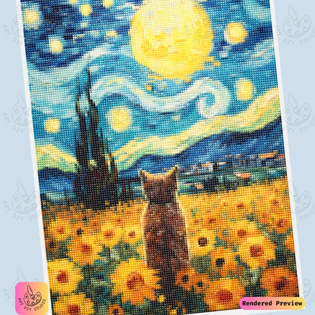 Artdiystudio Starry Paws In Bloom Diy Diamond Painting Kit A Feline Dream Amidst Sunflowers 6