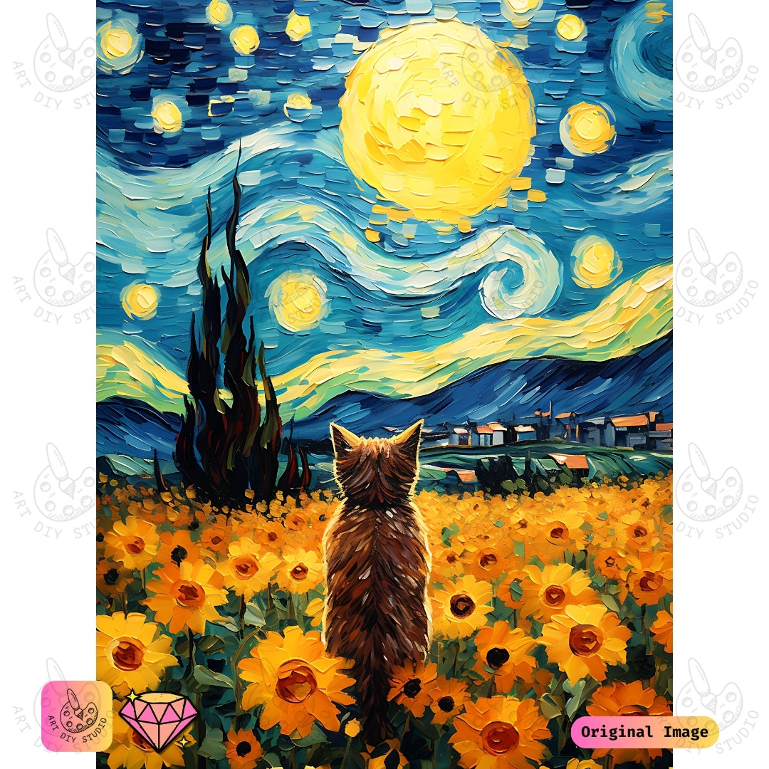 Artdiystudio Starry Paws In Bloom Diy Diamond Painting Kit A Feline Dream Amidst Sunflowers