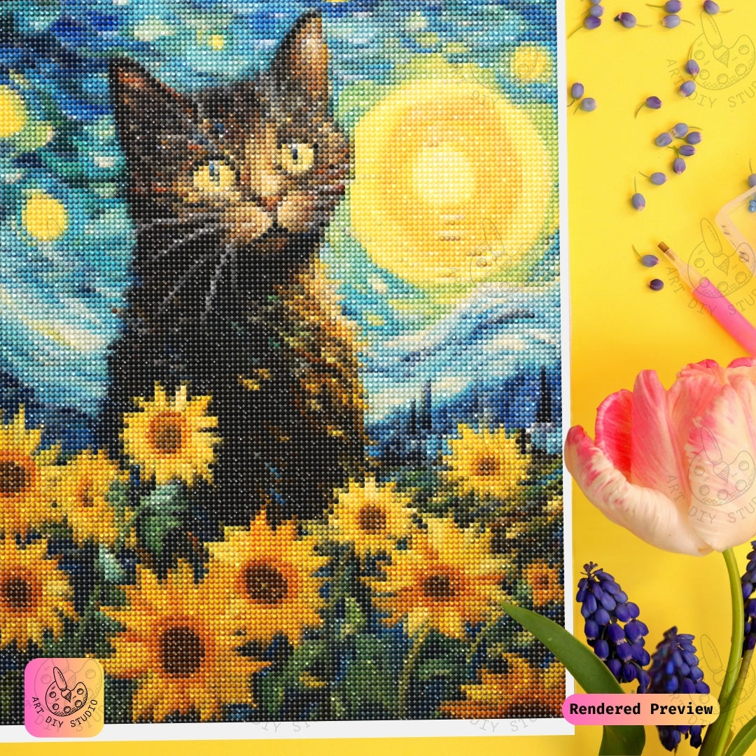 Artdiystudio Sunflower Stare Diy Diamond Painting Kit A Cosmic Feline In Bloom 3
