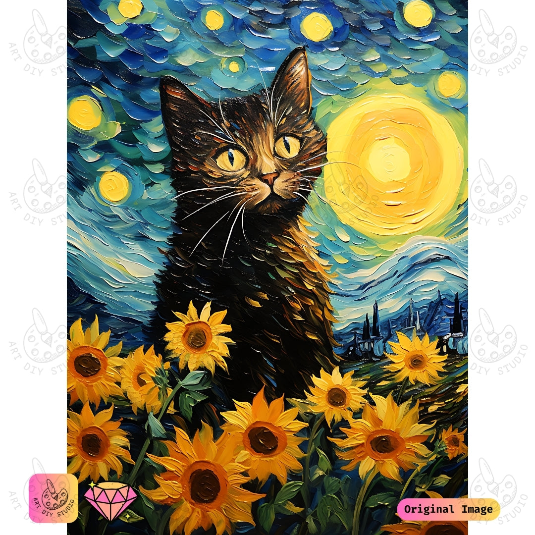 Artdiystudio Sunflower Stare Diy Diamond Painting Kit A Cosmic Feline In Bloom