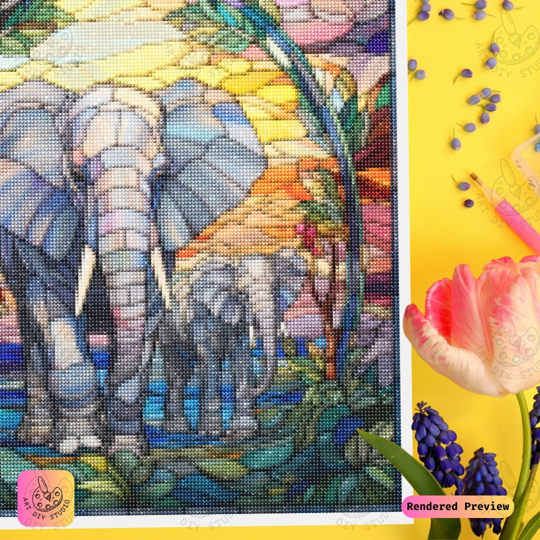 Artdiystudio Sunlit Stained Glass Elephants Diy Diamond Painting Kit A Luminous Harmony In Art 3