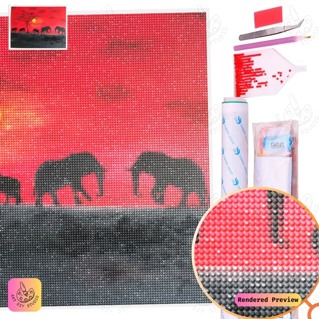 Artdiystudio Sunset Serenade Elephants Diy Diamond Painting Kit A Tranquil Elegance In Art 5