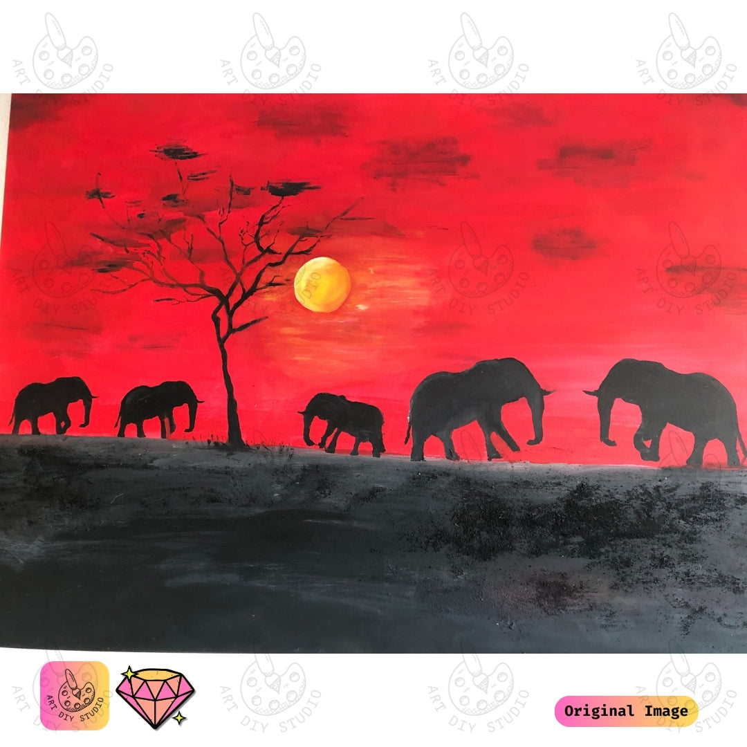 Artdiystudio Sunset Serenade Elephants Diy Diamond Painting Kit A Tranquil Elegance In Art