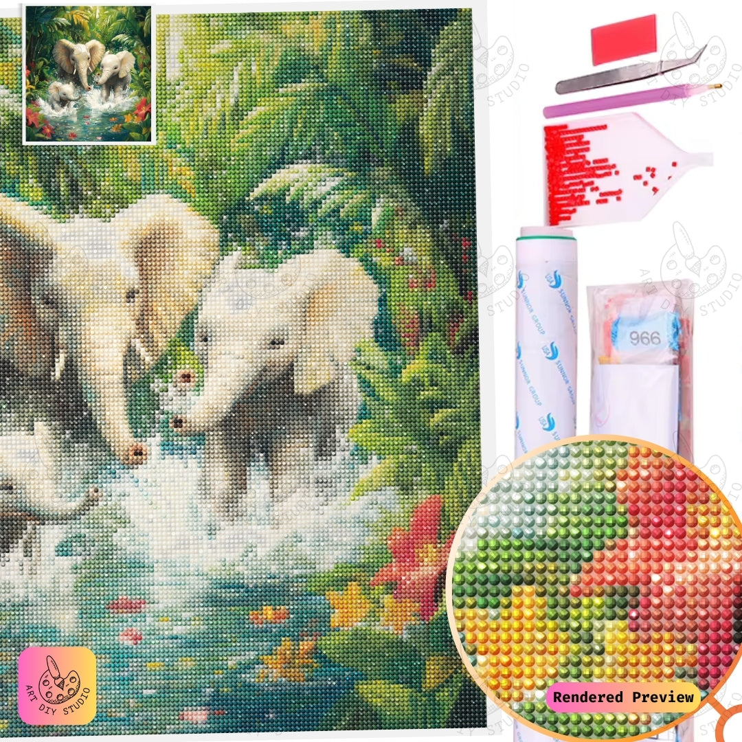 Artdiystudio Tropical Elephant Splash Diy Diamond Painting Kit A Joyful Bond In Art 5