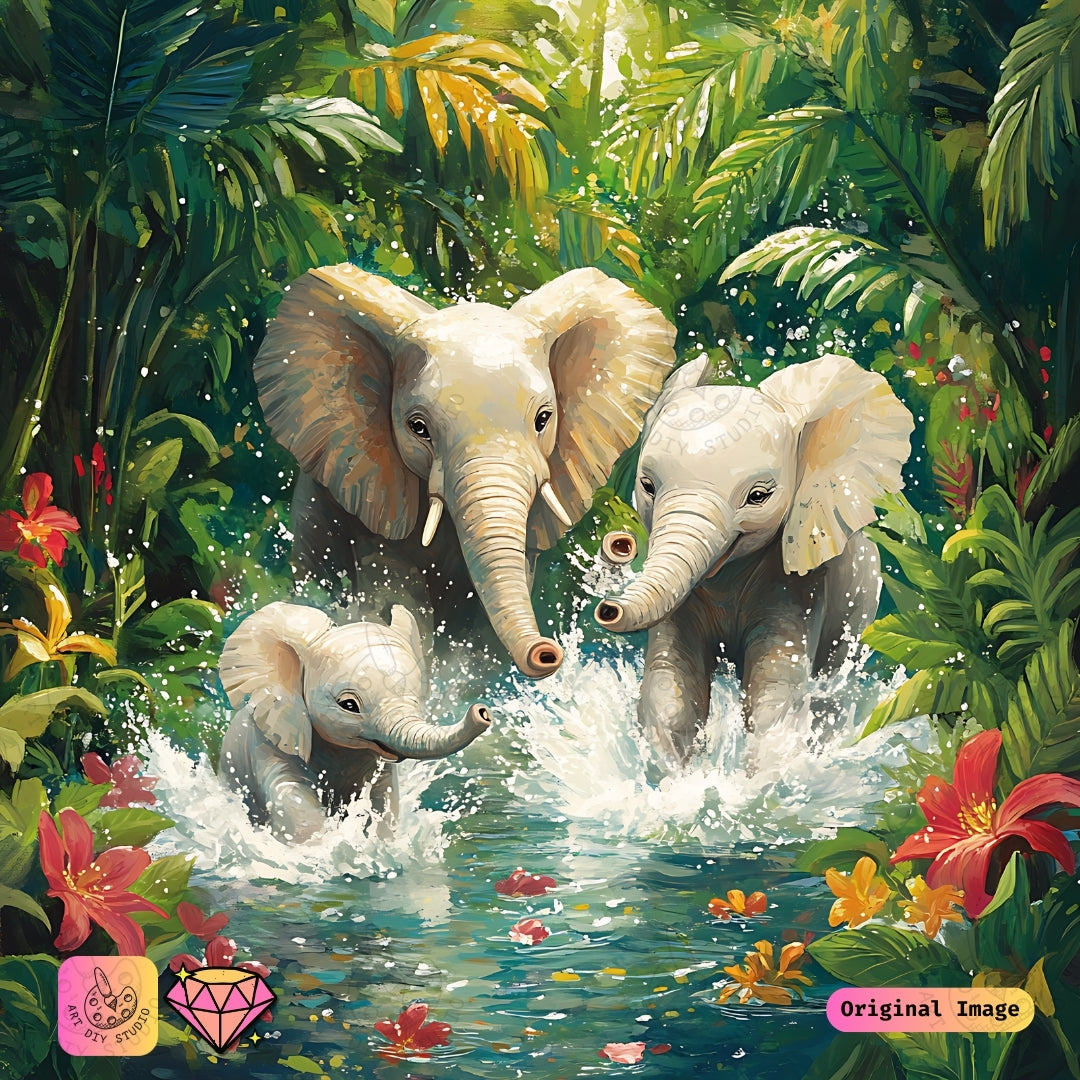 Artdiystudio Tropical Elephant Splash Diy Diamond Painting Kit A Joyful Bond In Art