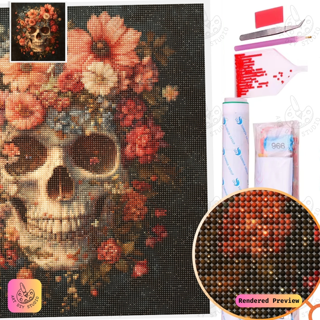 Artdiystudio Vintage Floral Skull Diy Diamond Painting Kit A Timeless Blend Of Elegance And Symbolism 5