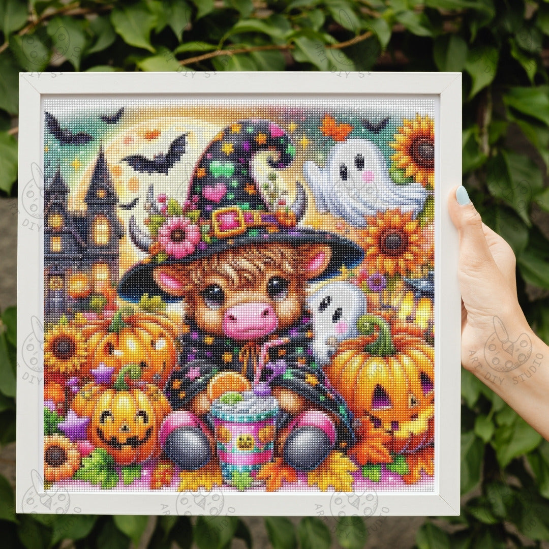 Artdiystudio Witchy Moo In Pumpkin Patch Diy Diamond Painting Kit Halloween Fun 2