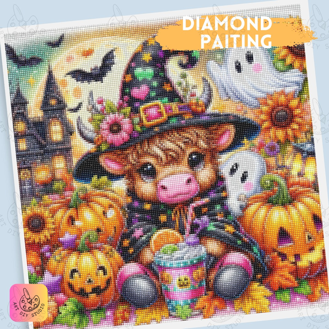 Artdiystudio Witchy Moo In Pumpkin Patch Diy Diamond Painting Kit Halloween Fun 4