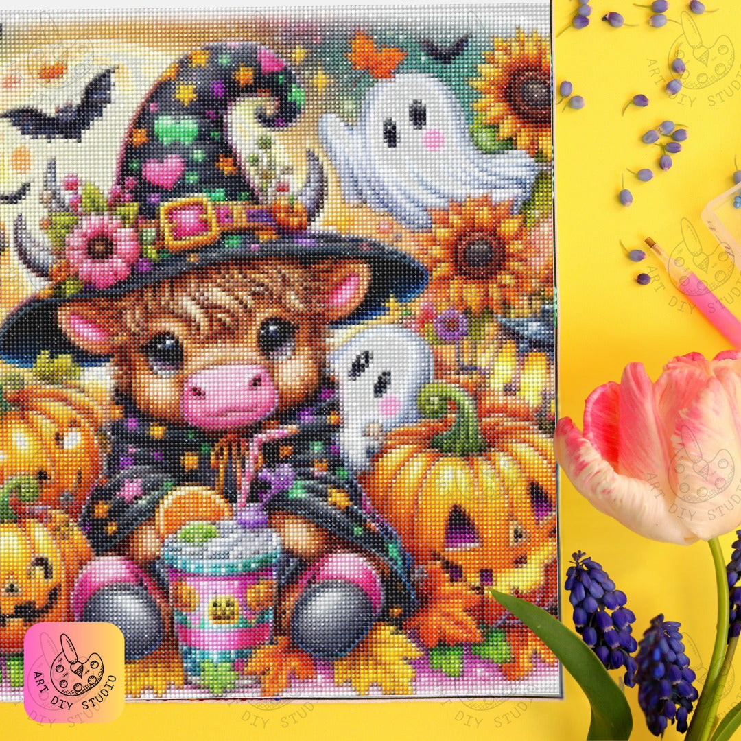 Artdiystudio Witchy Moo In Pumpkin Patch Diy Diamond Painting Kit Halloween Fun 6